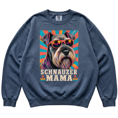 Retro Schnauzer Mama design on a Denim Comfort Colors sweatshirt