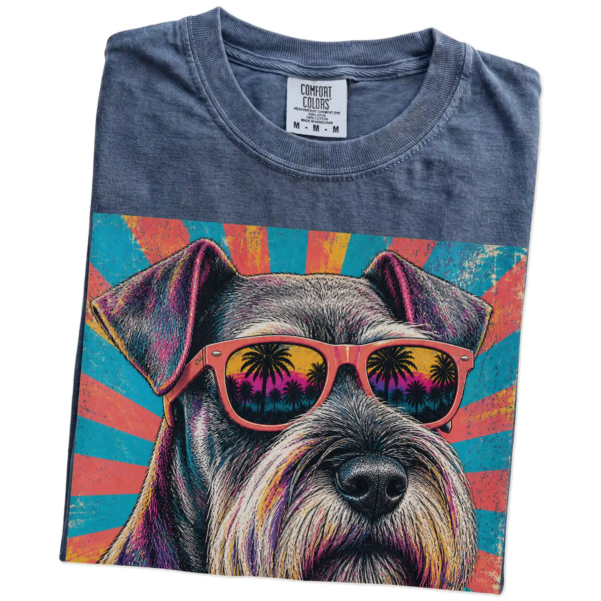 Retro Schnauzer Mama design on a Denim Comfort Colors T-shirt folded detail