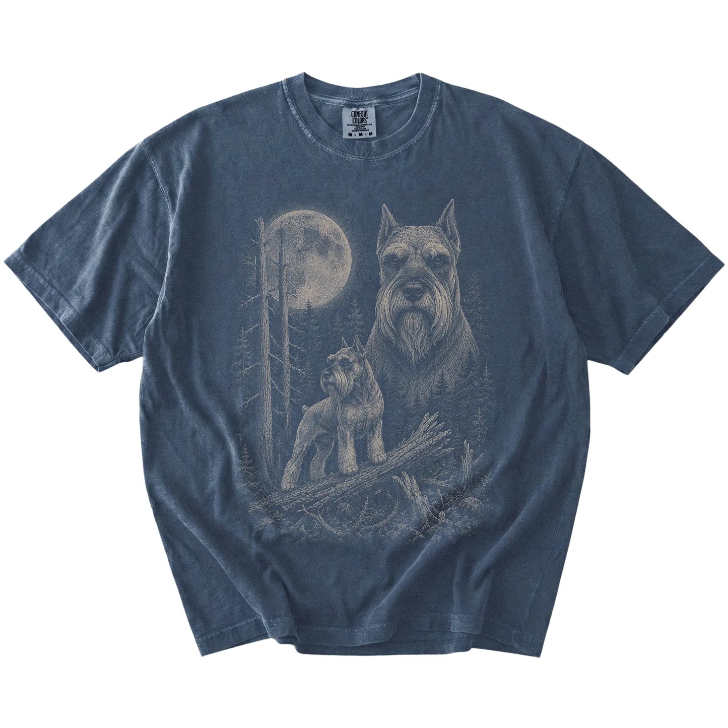 Denim Schnauzer Moonlit Forest T-Shirt laid flat