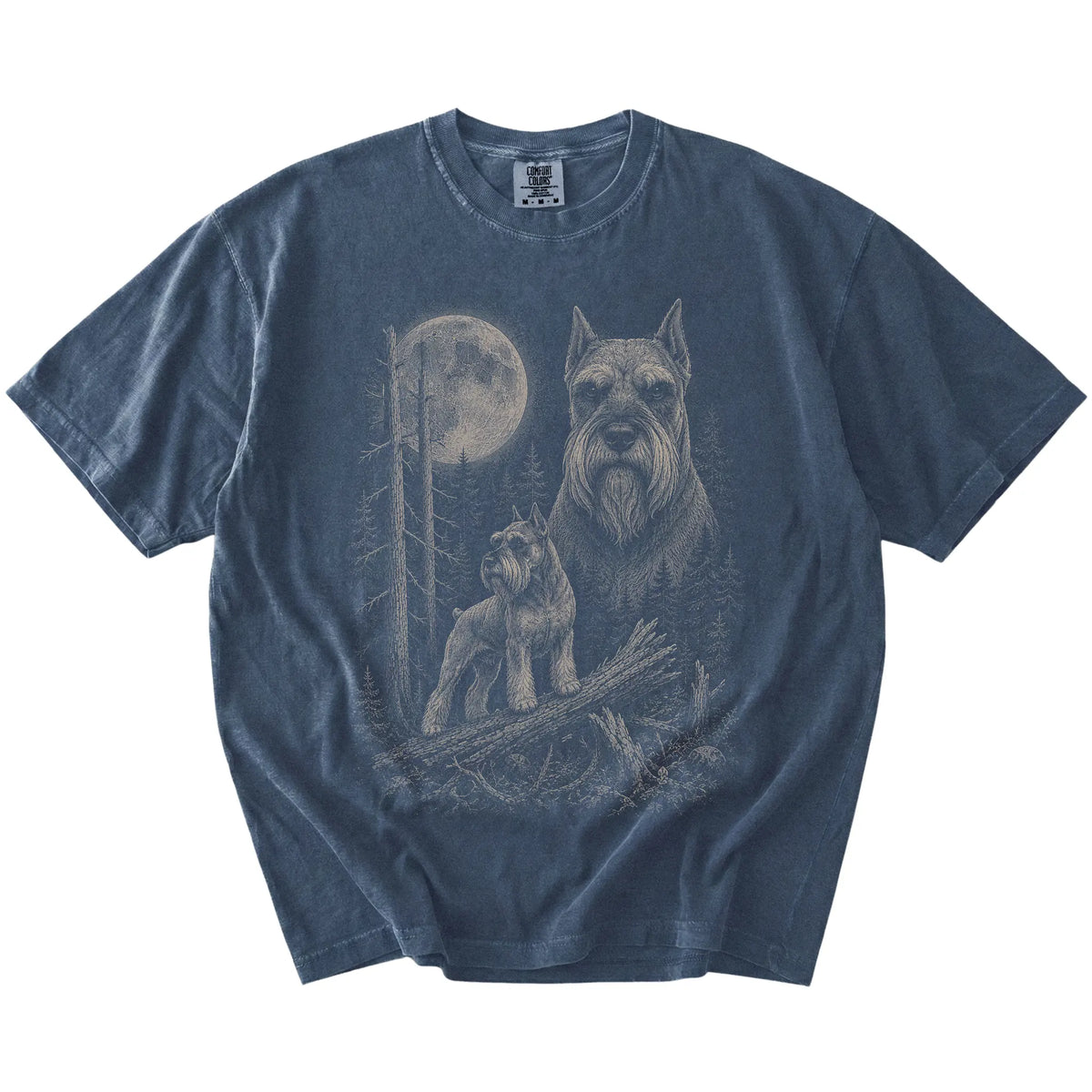 Denim Schnauzer Moonlit Forest T-Shirt laid flat