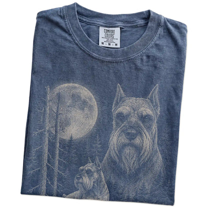 Folded Denim Schnauzer Moonlit Forest T-Shirt showing the graphic