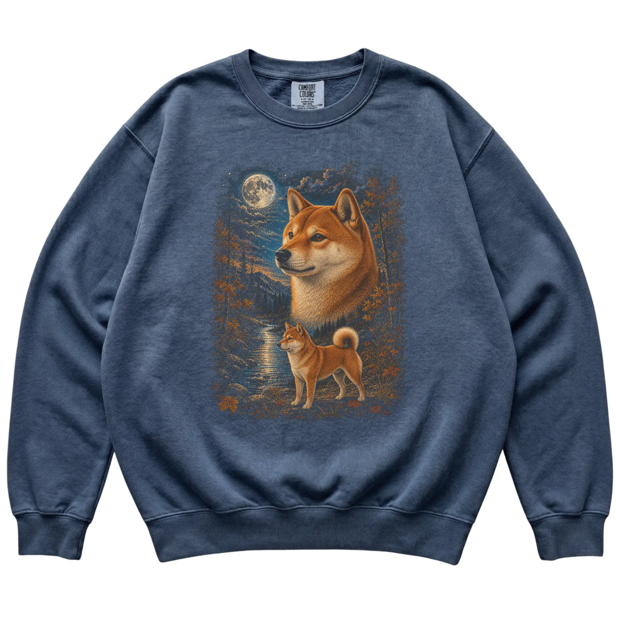denim sweatshirt with Shiba Inu Autumn Moon artwork.