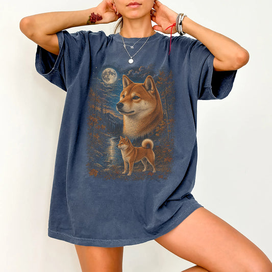 Model wearing a denim T-shirt with Shiba Inu Autumn Moon artwork.