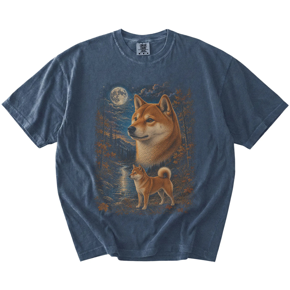 denim T-shirt with Shiba Inu Autumn Moon artwork.