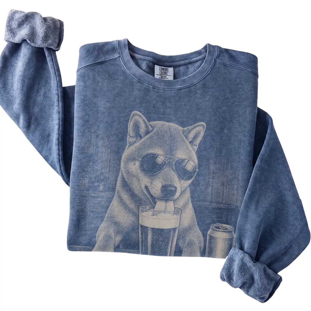 Denim Shiba Inu drinking from a pint at a bar, folded detail view