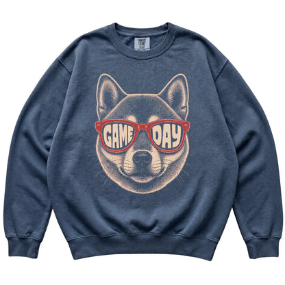 Shiba Inu Game Day design on a Denim sweatshirt, flat lay