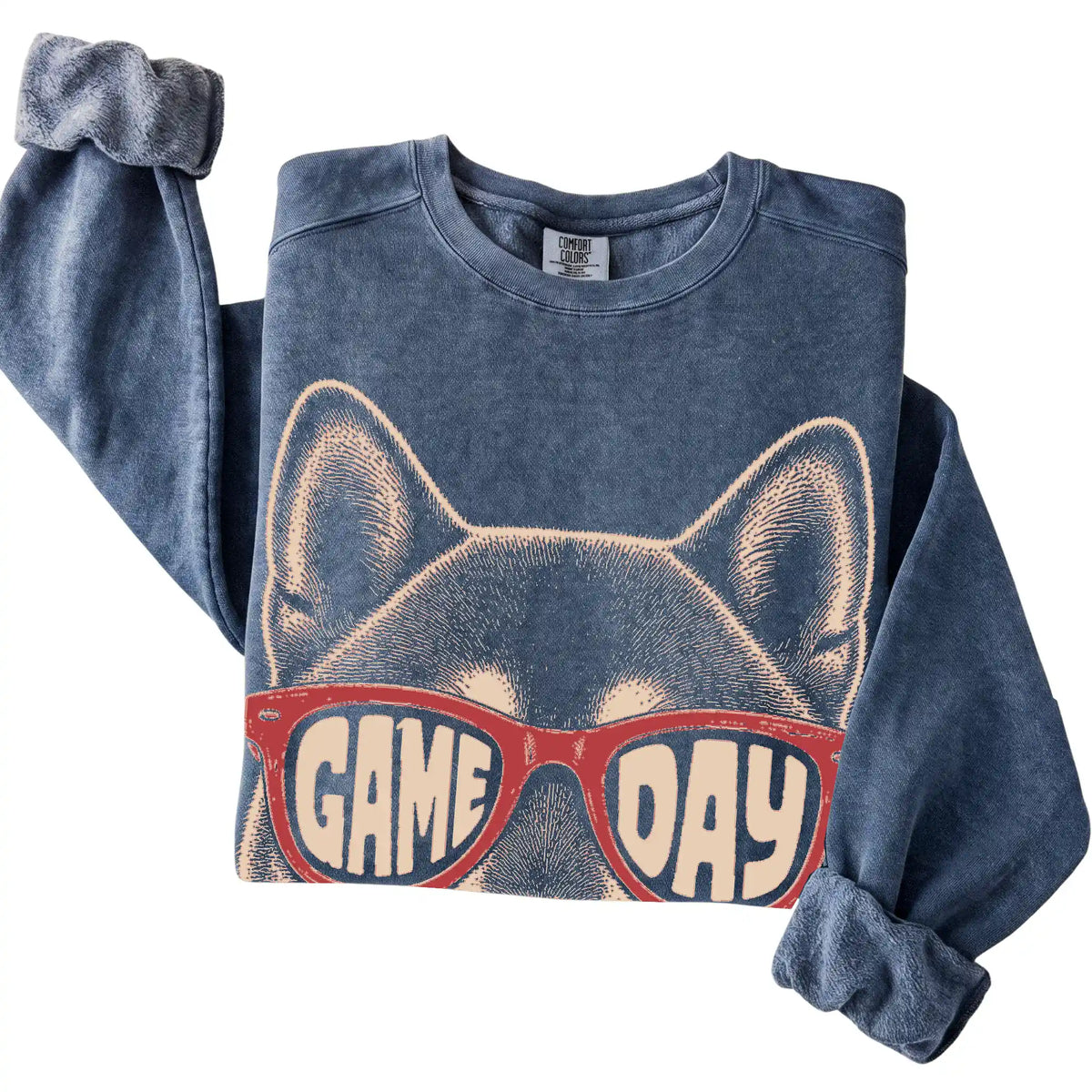 Shiba Inu Game Day design on a Denim sweatshirt, folded view
