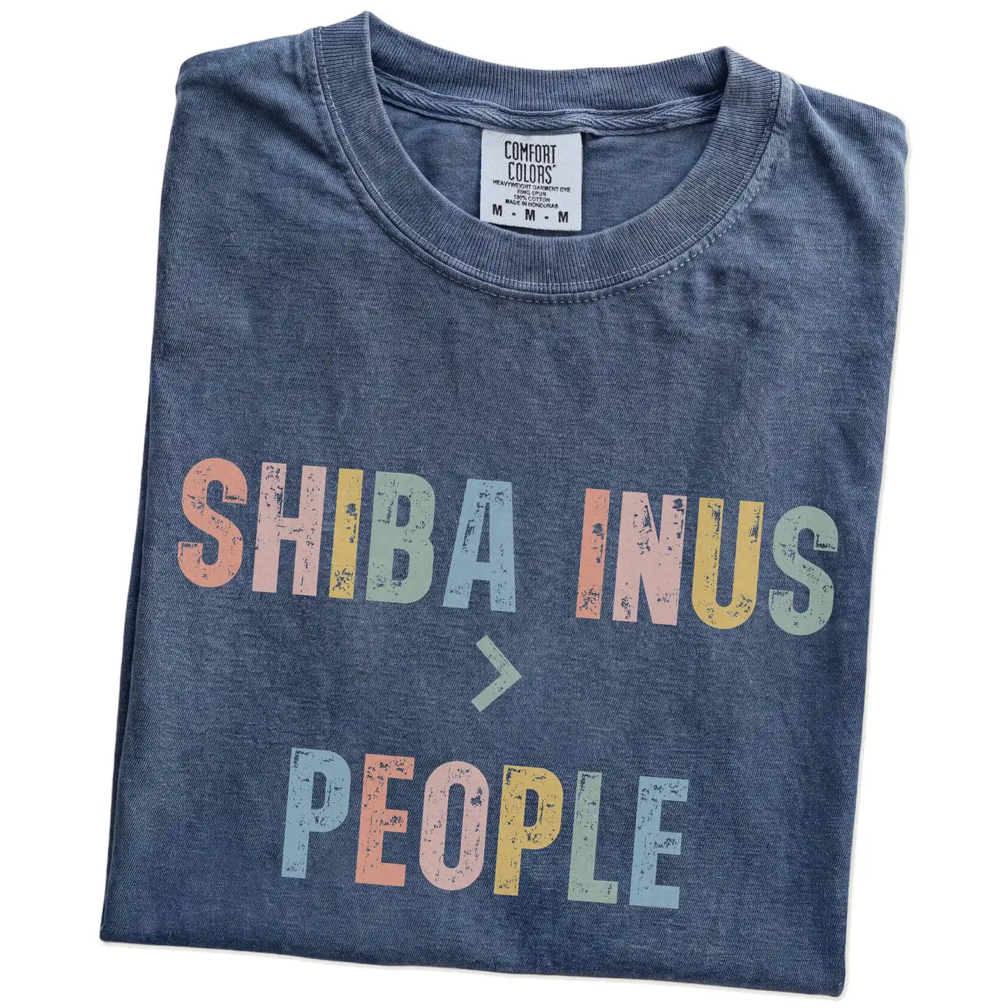 Folded Denim Comfort Colors® T-shirt showing “Shiba Inus > People” text