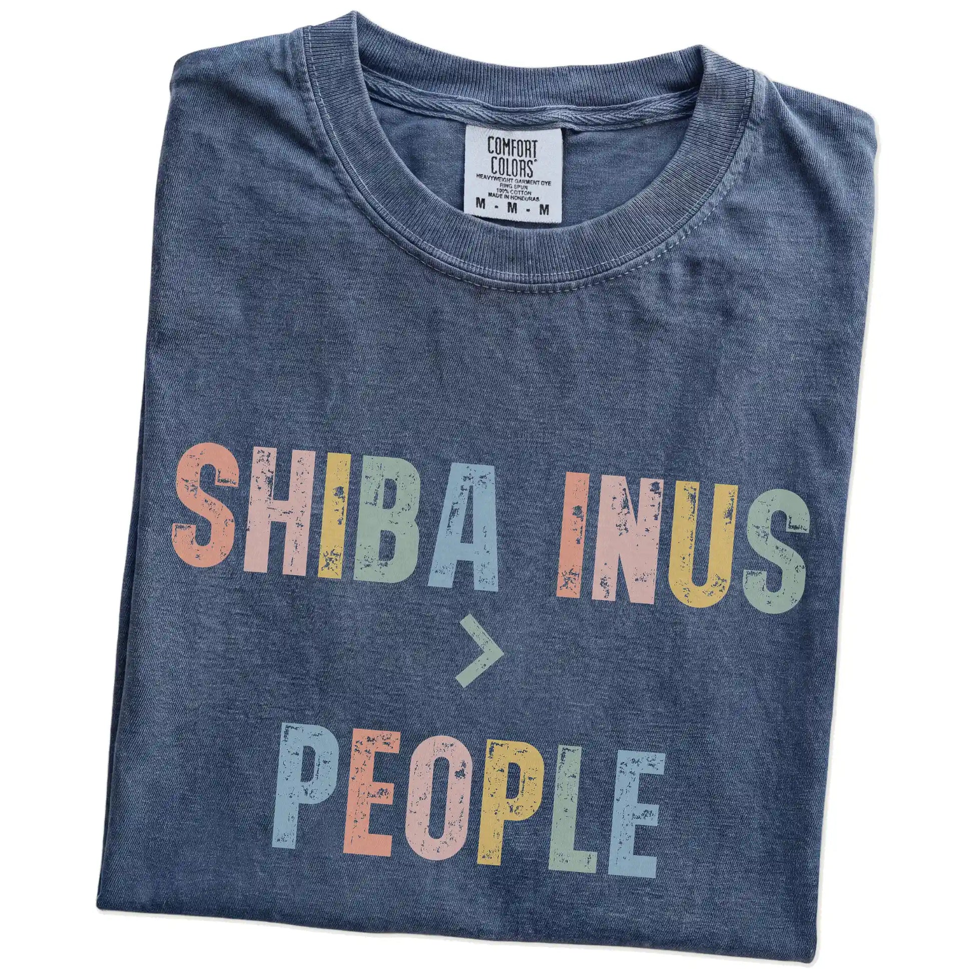 Folded Denim Comfort Colors® T-shirt showing “Shiba Inus > People” text