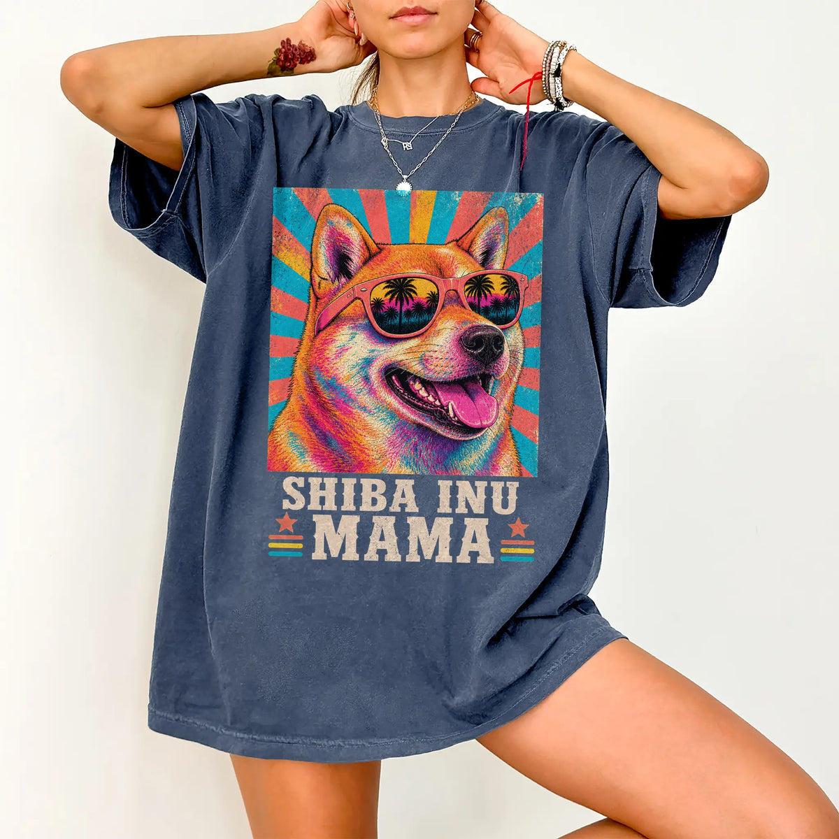 Retro Shiba Inu Mama design on a Denim Comfort Colors T-shirt worn by a model