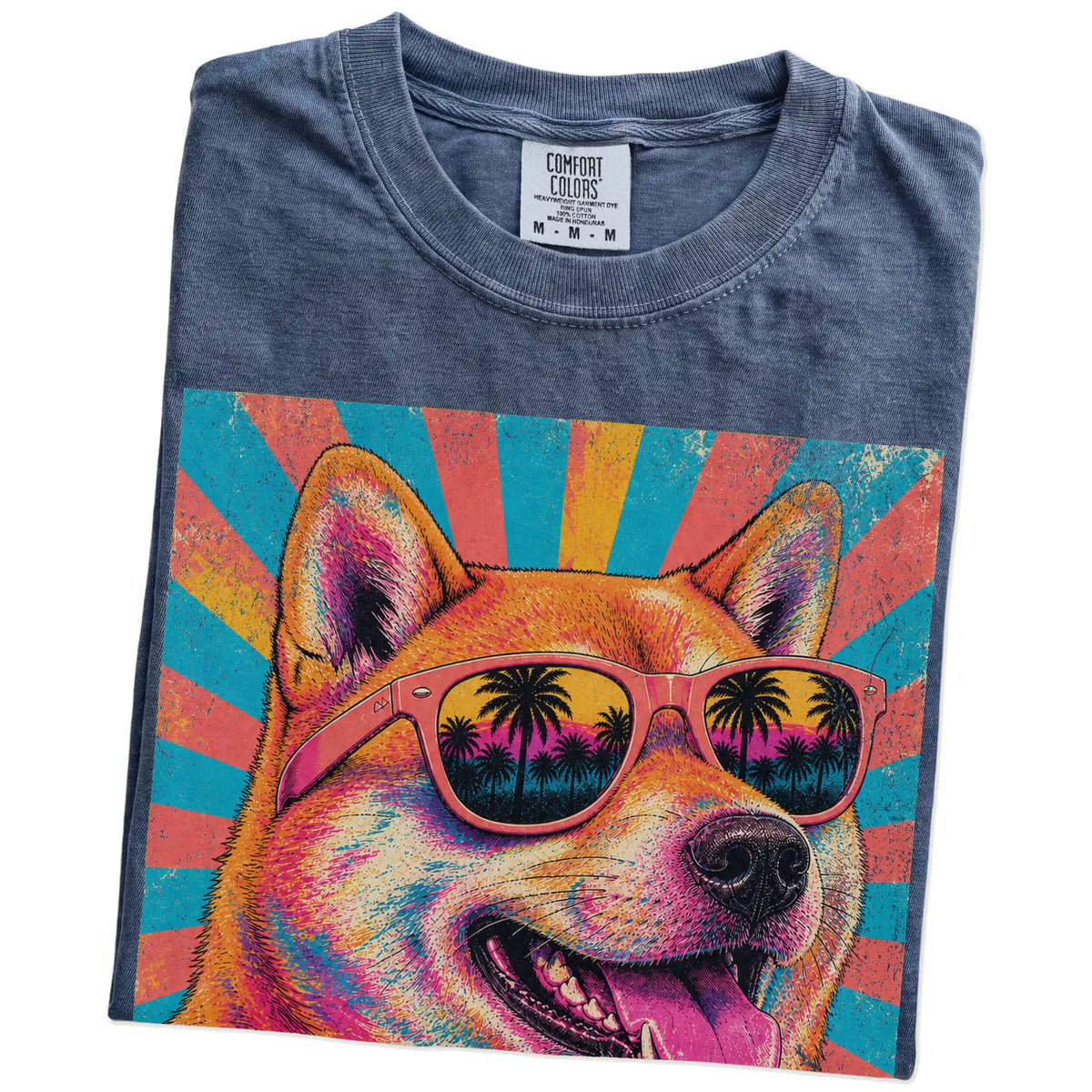 Retro Shiba Inu Mama design on a Denim Comfort Colors T-shirt folded detail