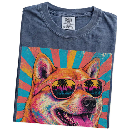Retro Shiba Inu Mama design on a Denim Comfort Colors T-shirt folded detail