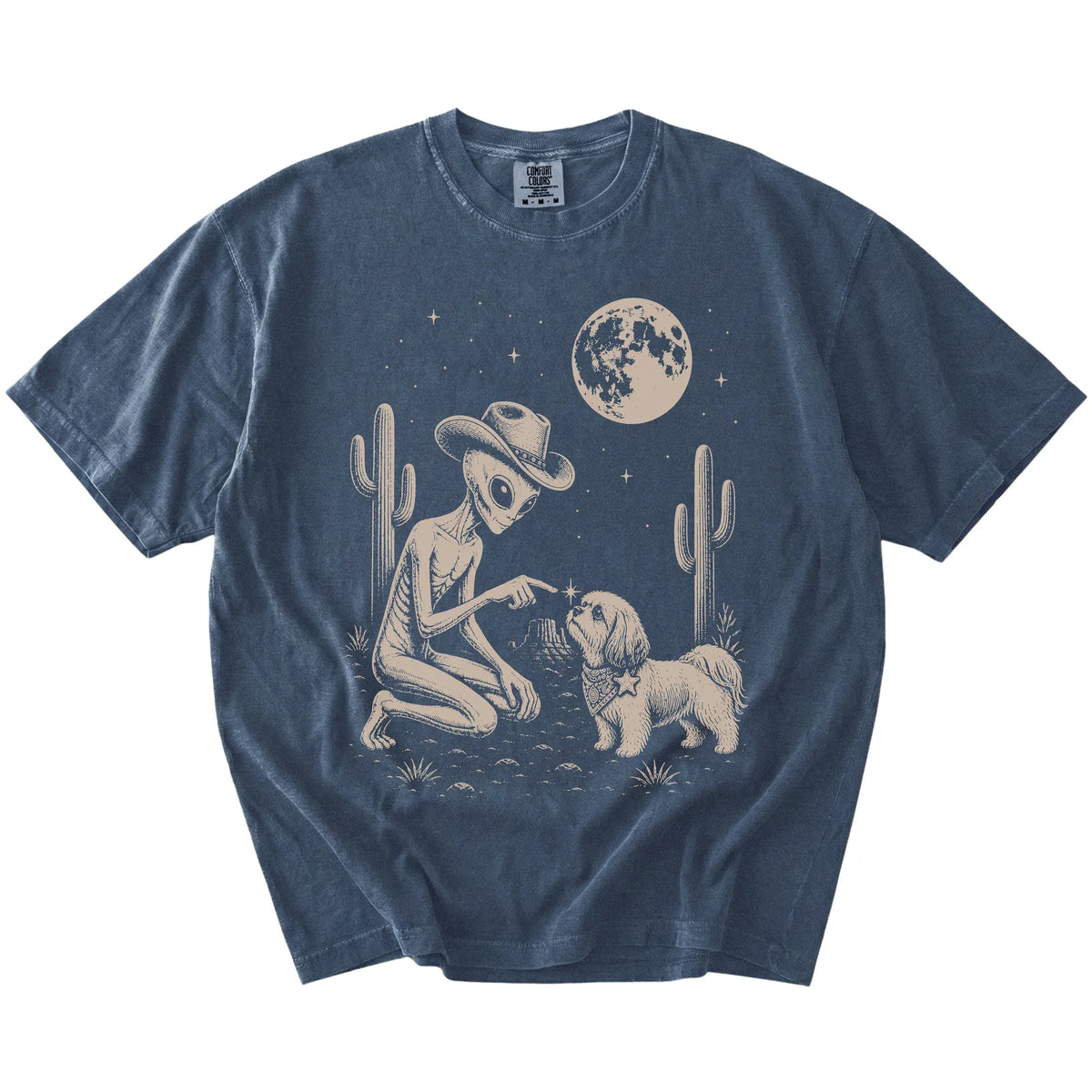 Cowboy alien fist-bumping a Shih Tzu beneath the moon on a Denim Comfort Colors® T-shirt