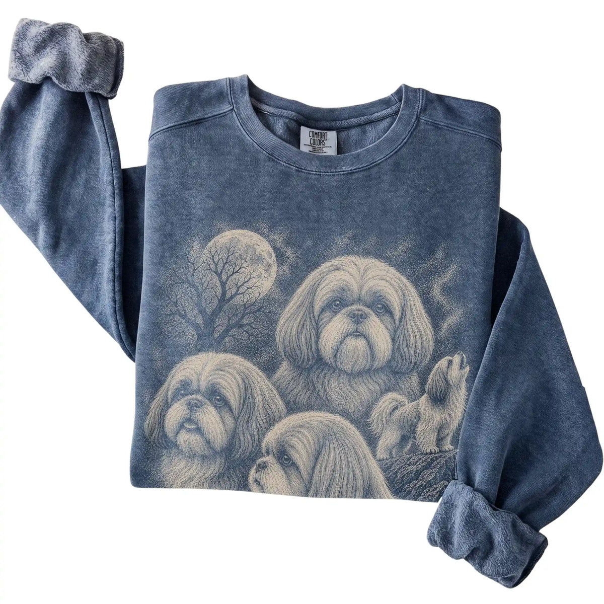 Denim Comfort Colors sweatshirt featuring a Shih Tzu 1990s moon design