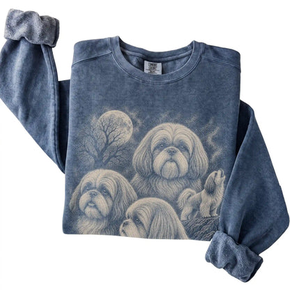 Denim Comfort Colors sweatshirt featuring a Shih Tzu 1990s moon design