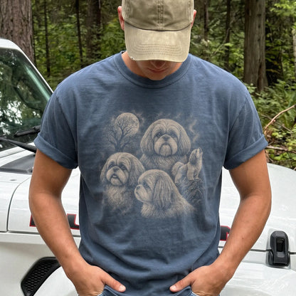 Model wearing a Denim Comfort Colors® T-shirt with a vintage moon montage featuring Shih Tzu
