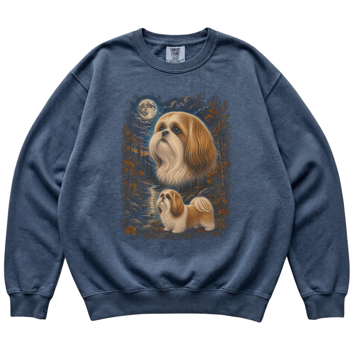 denim sweatshirt with Shih Tzu Autumn Moon artwork.