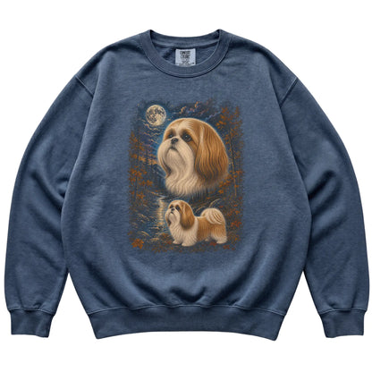 denim sweatshirt with Shih Tzu Autumn Moon artwork.