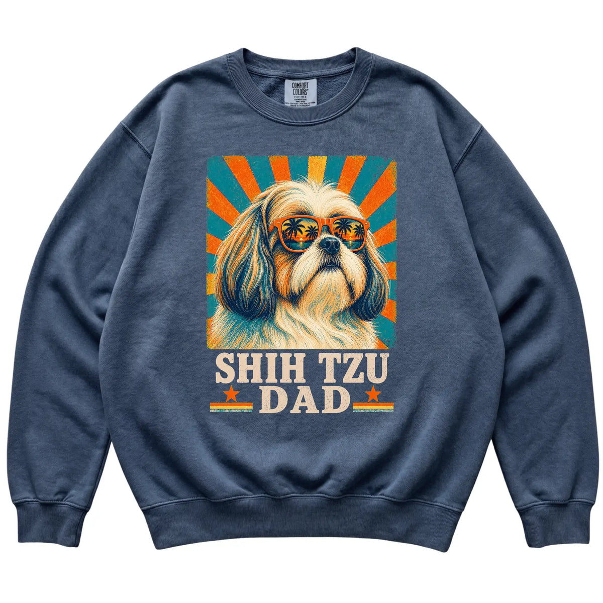Retro Shih Tzu Dad design on a Denim Comfort Colors sweatshirt