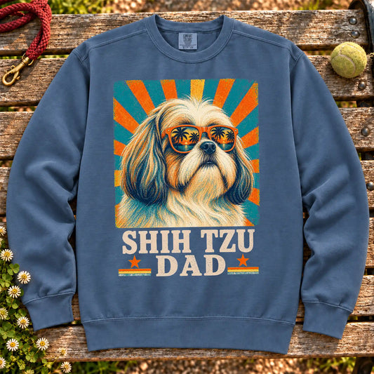 Shih Tzu Dad on a Denim crewneck sweatshirt, shown flat