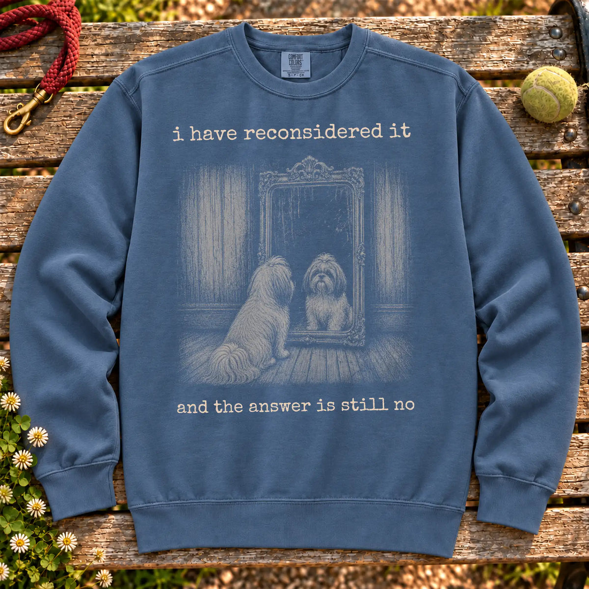 Shih Tzu The Answer Is Still No on a Denim crewneck sweatshirt, shown flat