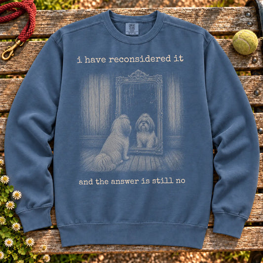 Shih Tzu The Answer Is Still No on a Denim crewneck sweatshirt, shown flat