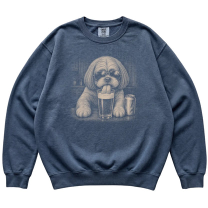 Denim Shih Tzu drinking from a pint at a bar, laid flat