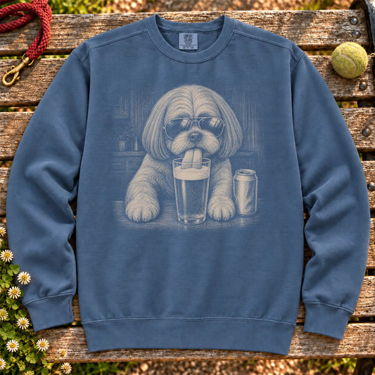 Shih Tzu Drinking Beer on a Denim crewneck sweatshirt, shown flat