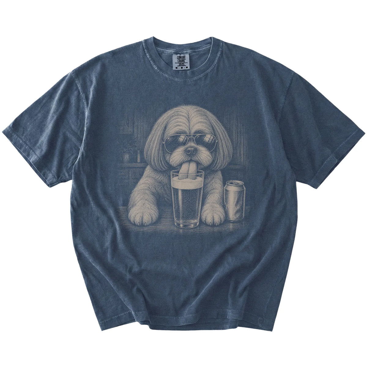 Shih Tzu sneaking a drink from a foamy pint at home on a Denim Comfort Colors® t-shirt