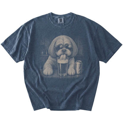Shih Tzu sneaking a drink from a foamy pint at home on a Denim Comfort Colors® t-shirt