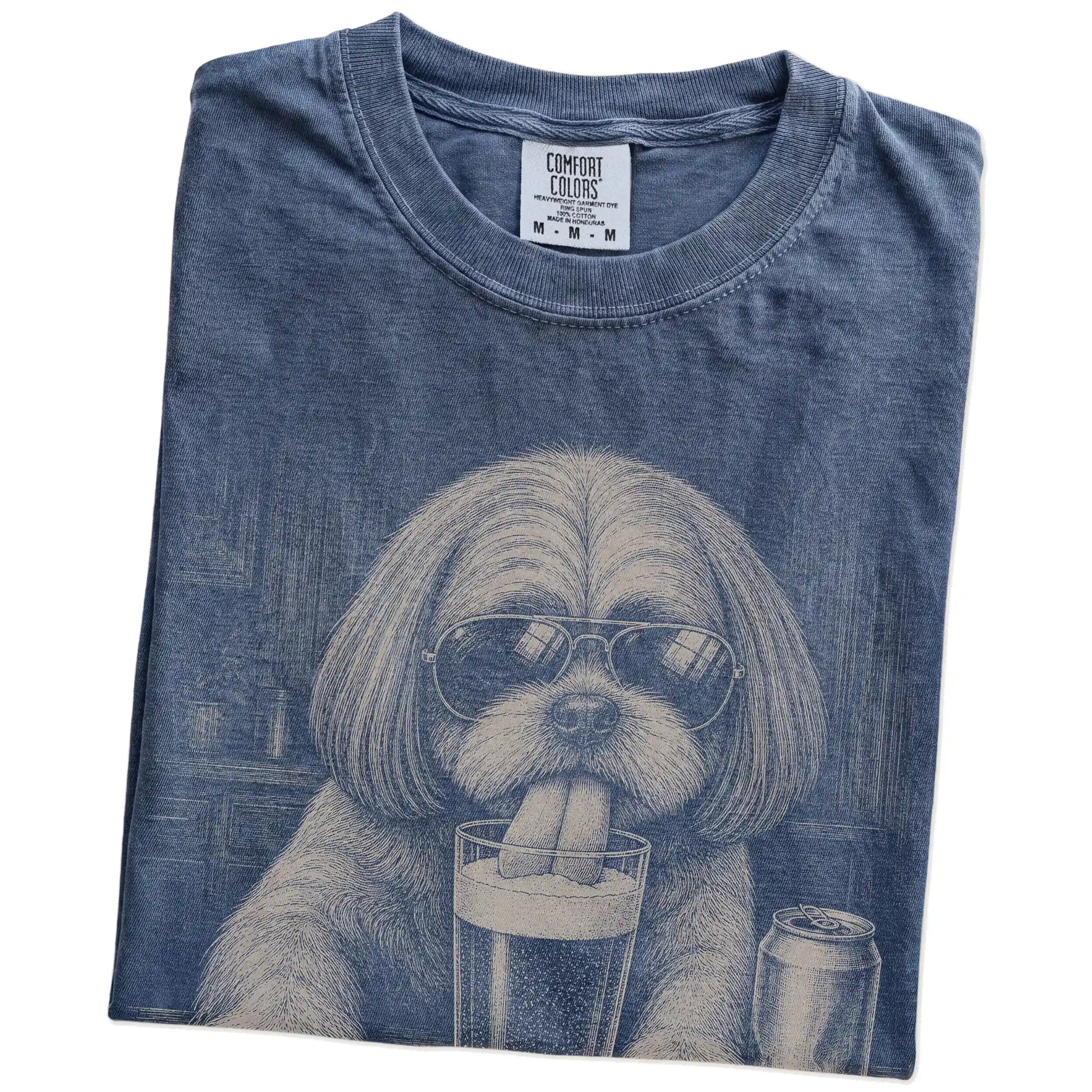 Folded Denim Comfort Colors® t-shirt showing Shih Tzu sneaking a drink from a pint