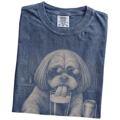 Folded Denim Comfort Colors® t-shirt showing Shih Tzu sneaking a drink from a pint