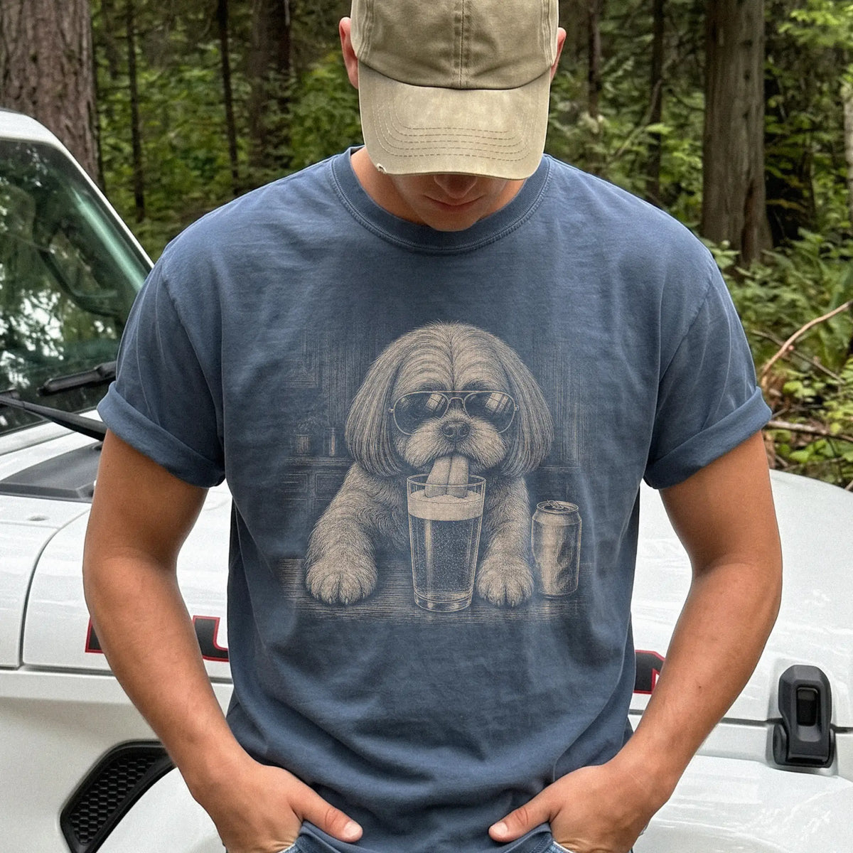 Model wearing a Denim Comfort Colors® t-shirt with Shih Tzu sneaking a drink from a pint