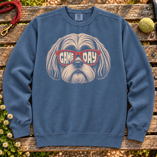 Shih Tzu Game Day Sunglasses on a Denim crewneck sweatshirt, shown flat