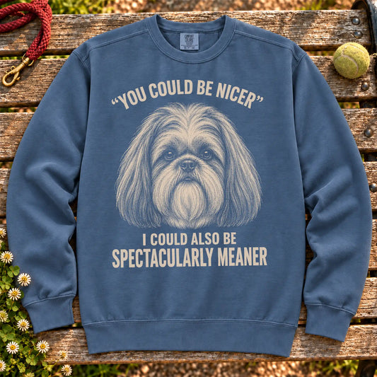 Shih Tzu Guard Dog on a Denim crewneck sweatshirt, shown flat