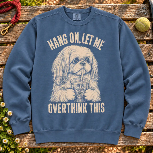 Shih Tzu Iced Coffee Overthink on a Denim crewneck sweatshirt, shown flat