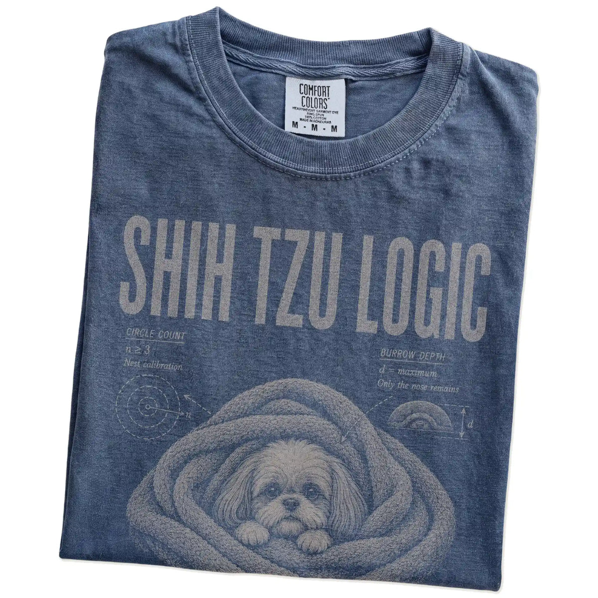 Folded Denim Shih Tzu Logic T-Shirt showing the graphic