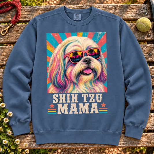 Shih Tzu Mama on a Denim crewneck sweatshirt, shown flat