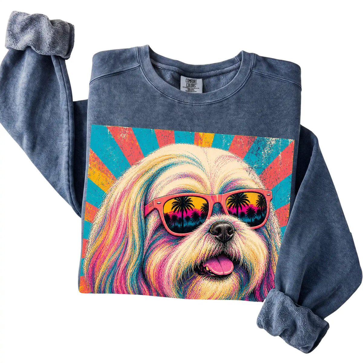 Folded Denim Comfort Colors sweatshirt with a Retro Shih Tzu Mama design