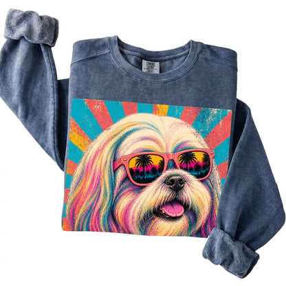 Folded Denim Comfort Colors sweatshirt with a Retro Shih Tzu Mama design