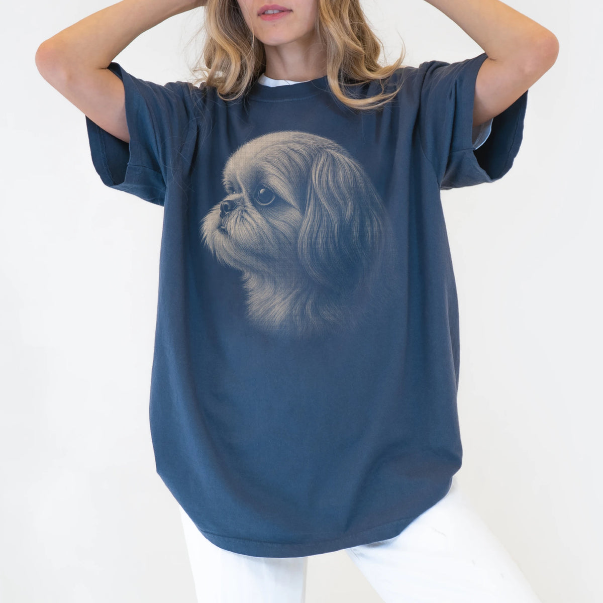 Model wearing a Denim Comfort Colors® T-shirt with a detailed photographic portrait of a Shih Tzu