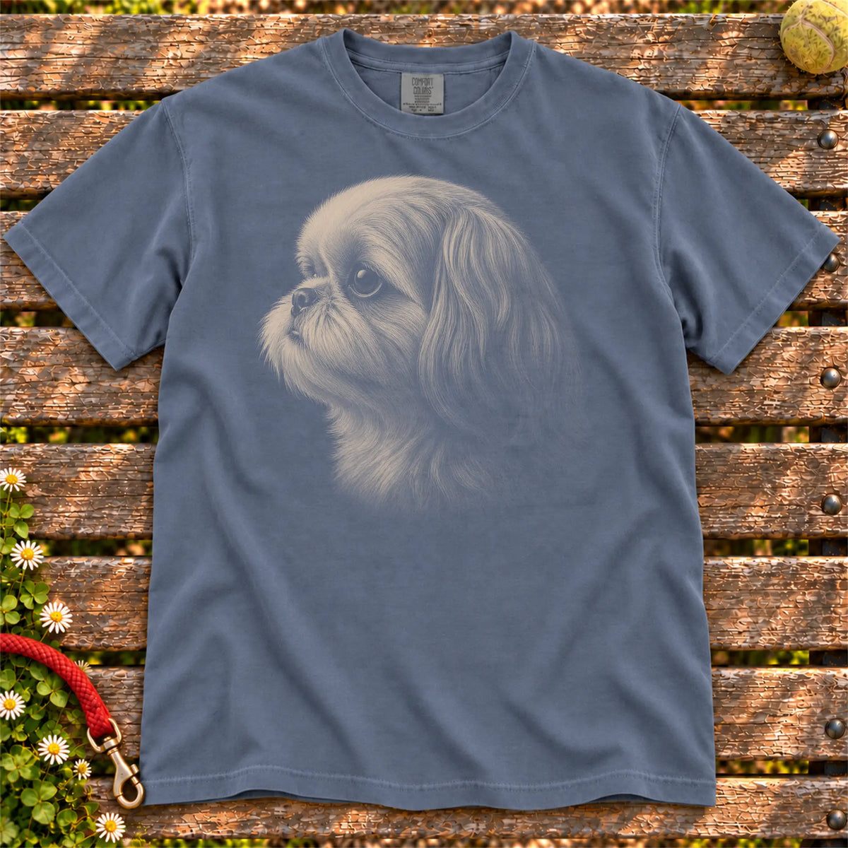 Shih Tzu Photo design on a Denim Comfort Colors T-shirt, shown flat