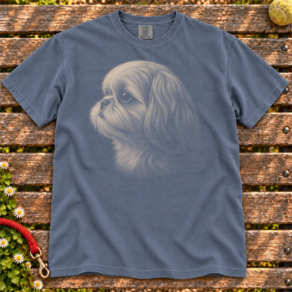 Shih Tzu Photo design on a Denim Comfort Colors T-shirt, shown flat