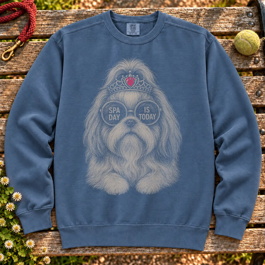 Shih Tzu Spa Day Is Today on a Denim crewneck sweatshirt, shown flat