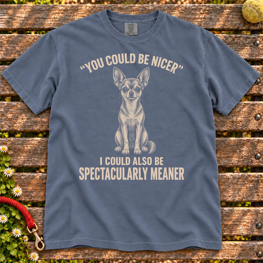 Short-Haired Chihuahua Guard Dog design on a Denim Comfort Colors T-shirt, shown flat