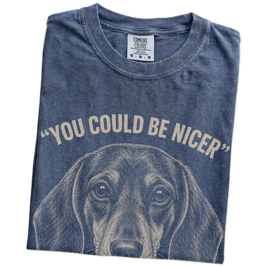 Short-Haired Dachshund Guard Dog T-Shirt in Denim — folded detail