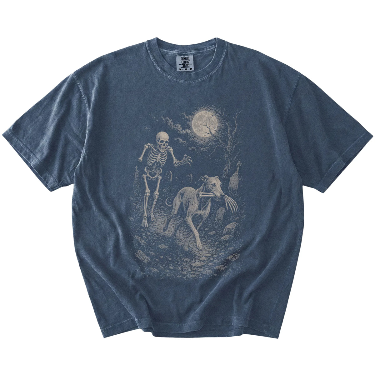 denim T-shirt with a Greyhound carrying a skeleton arm through a graveyard.