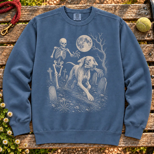 Weimaraner Skeleton Chase on a Denim crewneck sweatshirt, shown flat