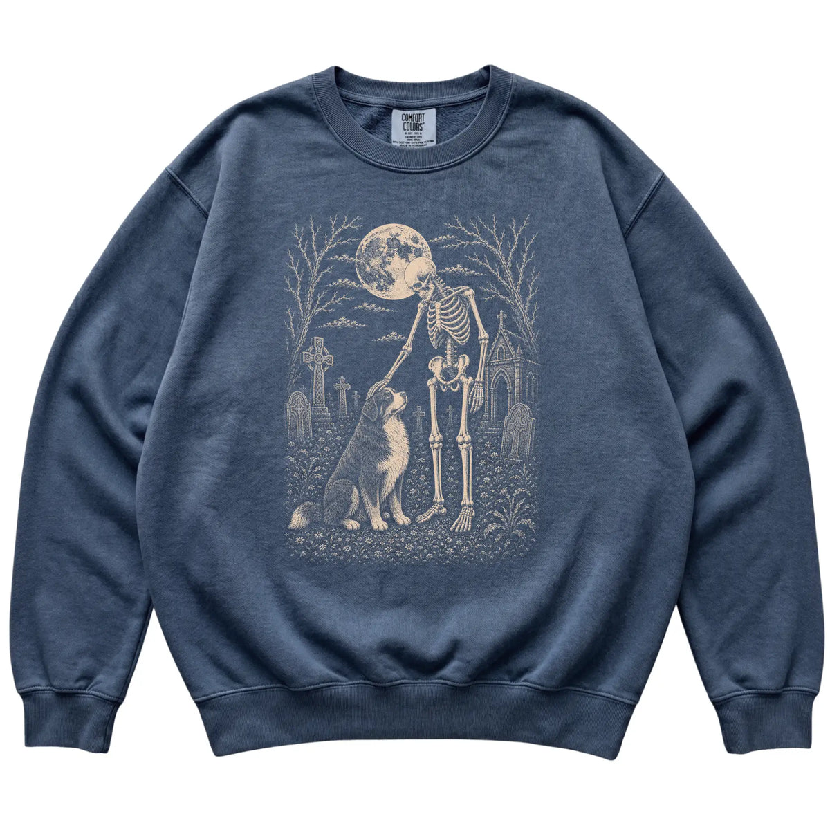Skeleton petting a Bernese Mountain Dog in a graveyard on a Denim sweatshirt