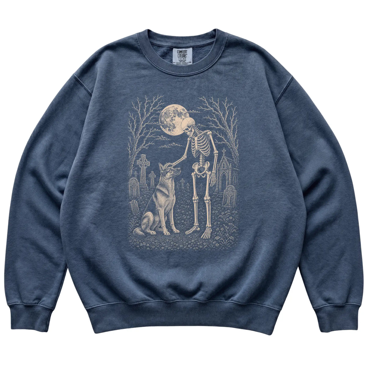 Skeleton petting a German Shepherd in a graveyard on a Denim sweatshirt